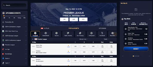 Kladite se uzivo na Cazeus – Premier liga, najpopularnije utakmice i koeficijenti uzivo Sucelje za sportsko kladenje na Cazeus – Prikaz nogometnih utakmica Premier lige i tecajevi za kladenje