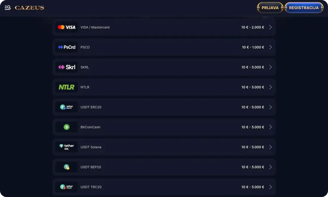 cazeus casino uplate
